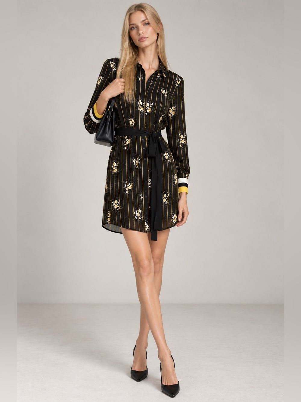 Twist Black Floral Pinstripe Long Sleeve Shirt Dress Size 36 / US 6